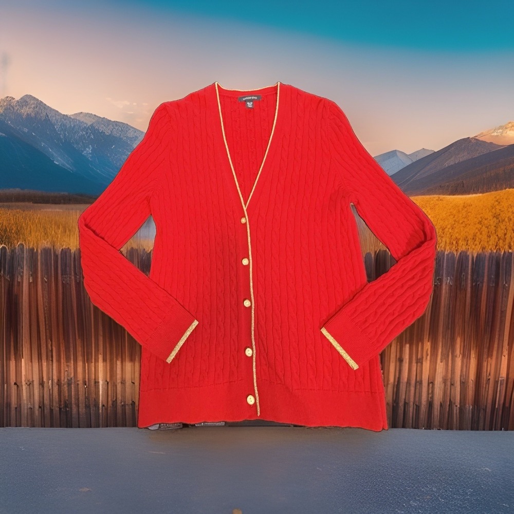 Lands End Red Cable Knit Cardigan Sweater Sz MP 100% Cotton Lurex Trim Preppy